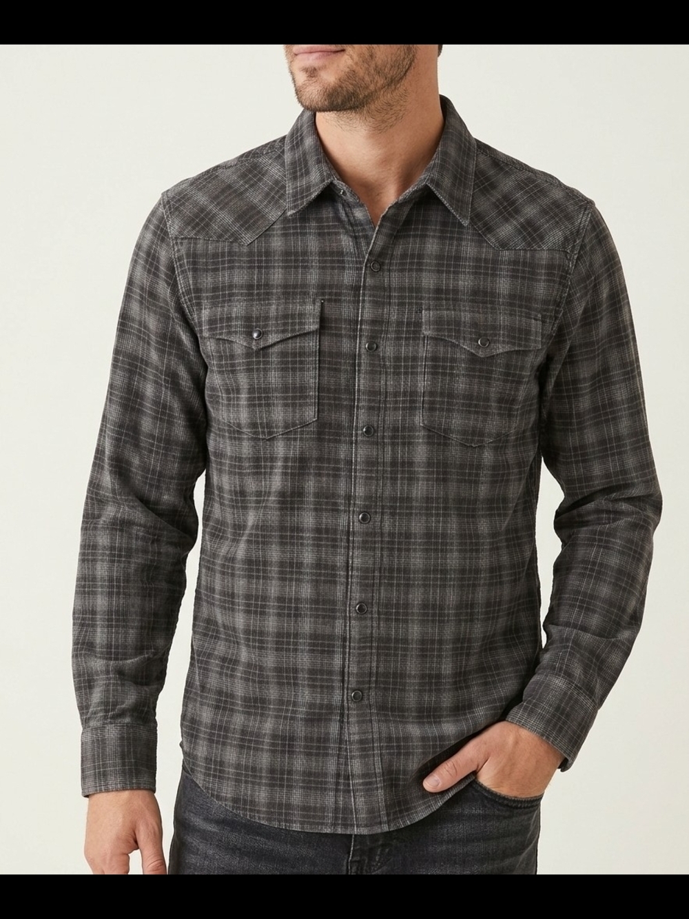 Lucky Brand Men's Small Western Pearl Snap Shirt Gray Plaid Corduroy Classic Fit